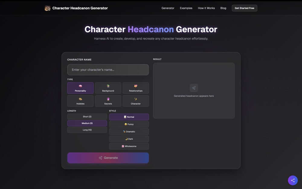 Character Headcanon Generator app screenshot