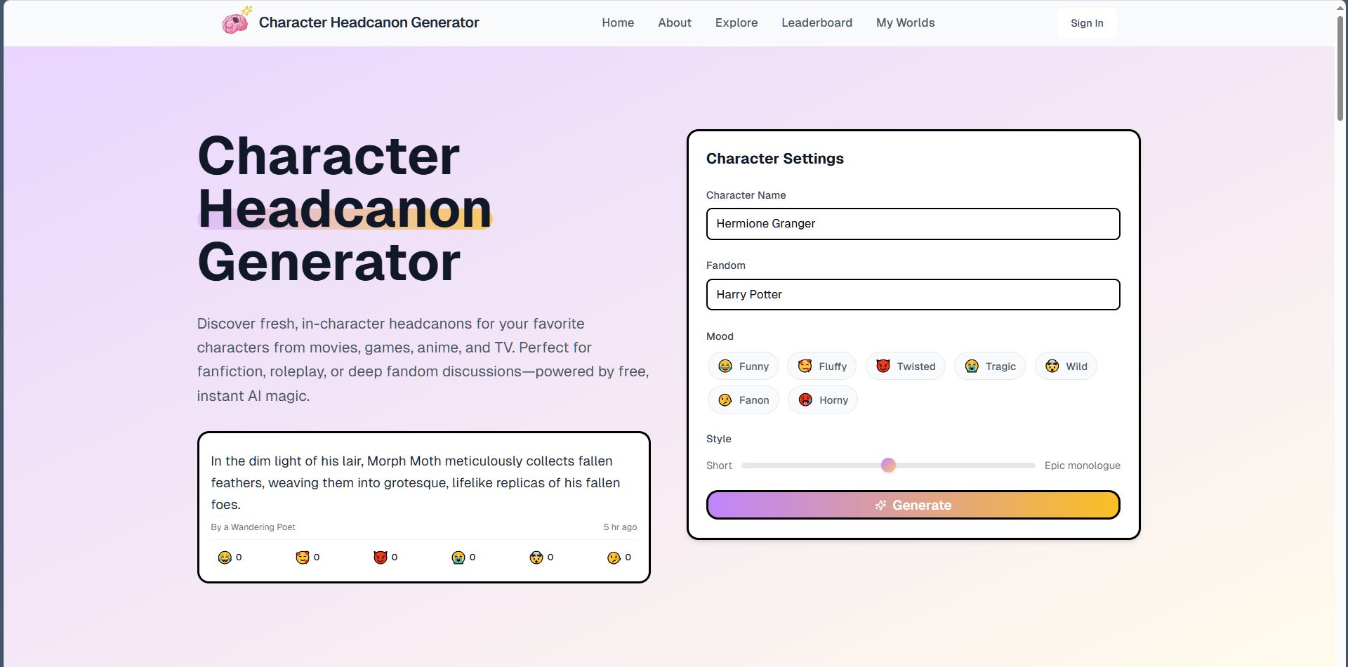 AI Character Headcanon Generator app screenshot