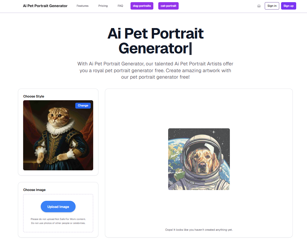 Ai pet portrait generator app screenshot